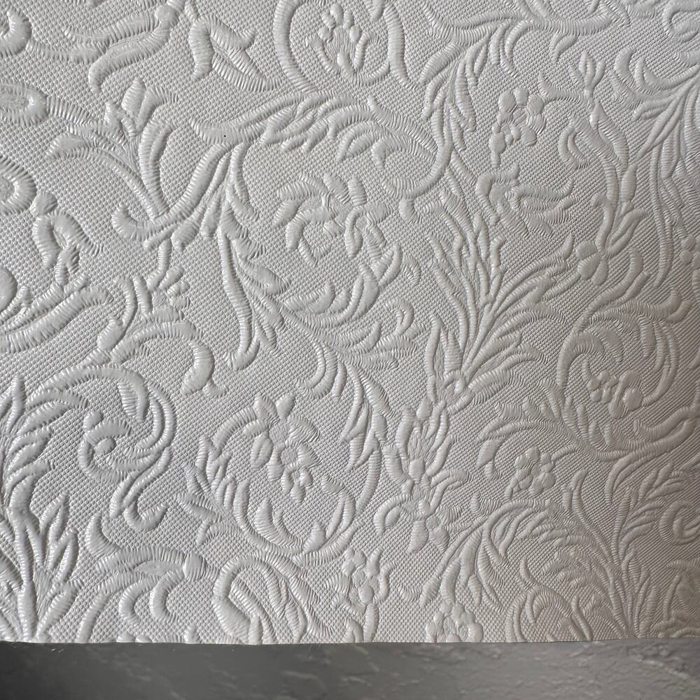 Felt Backed Heavy Vinyl Tablecloth Topper 44x52 White Raised Floral Damask